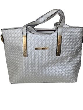 Mia Min Silver Metallic Tote Bag Textured Faux Leather Shoulder Bag